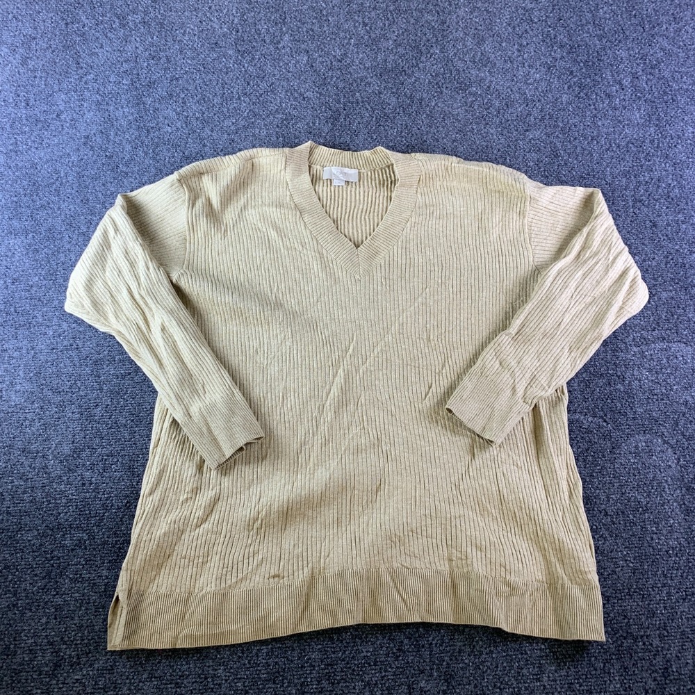 LOFT Outlet Sweater Mens L Beige Tight Knit Ribbed Side Slit Winter Warm V Neck